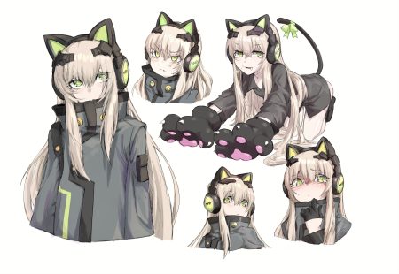 alma01 animal ears anthropomorphism bow catgirl girls frontline gloves green eyes headphones long hair sketch tail tmp (girls frontline) white hair