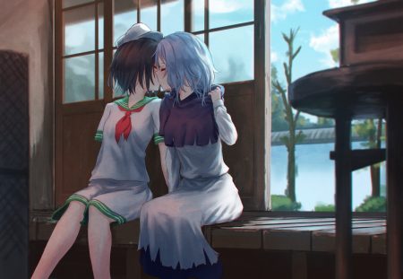2girls brown hair hat kiss kumoi ichirin murasa minamitsu roke (taikodon) school uniform short hair shorts shoujo ai skirt touhou white hair