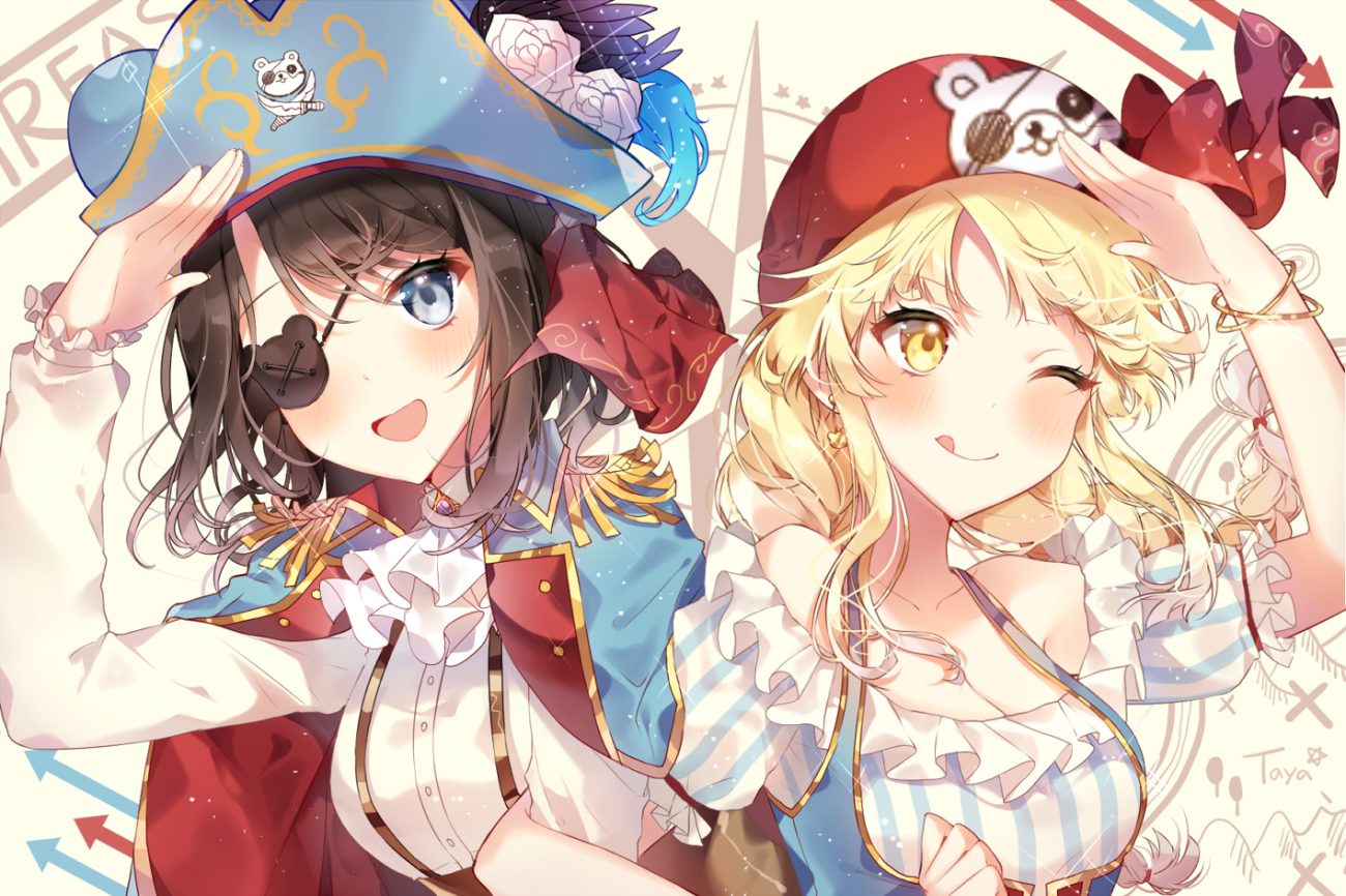 2girls bang dream! blonde hair blue eyes blush braids breasts cleavage eyepatch flowers hat long hair okusawa misaki pirate rose taya oco tsurumaki kokoro twintails wink yellow eyes