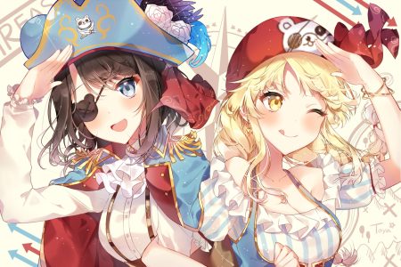 2girls bang dream! blonde hair blue eyes blush braids breasts cleavage eyepatch flowers hat long hair okusawa misaki pirate rose taya oco tsurumaki kokoro twintails wink yellow eyes