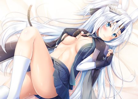 akashio (loli ace) animal ears anthropomorphism aqua eyes azur lane blush bunny ears bunnygirl gloves hiryuu (azur lane) kneehighs long hair no bra open shirt ponytail skirt white hair