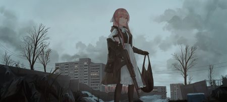 apron building chihuri405 clouds dark dress gloves gun long hair maid orange eyes original pantyhose pink hair ponytail sky snow tree weapon winter yana (chihuri)