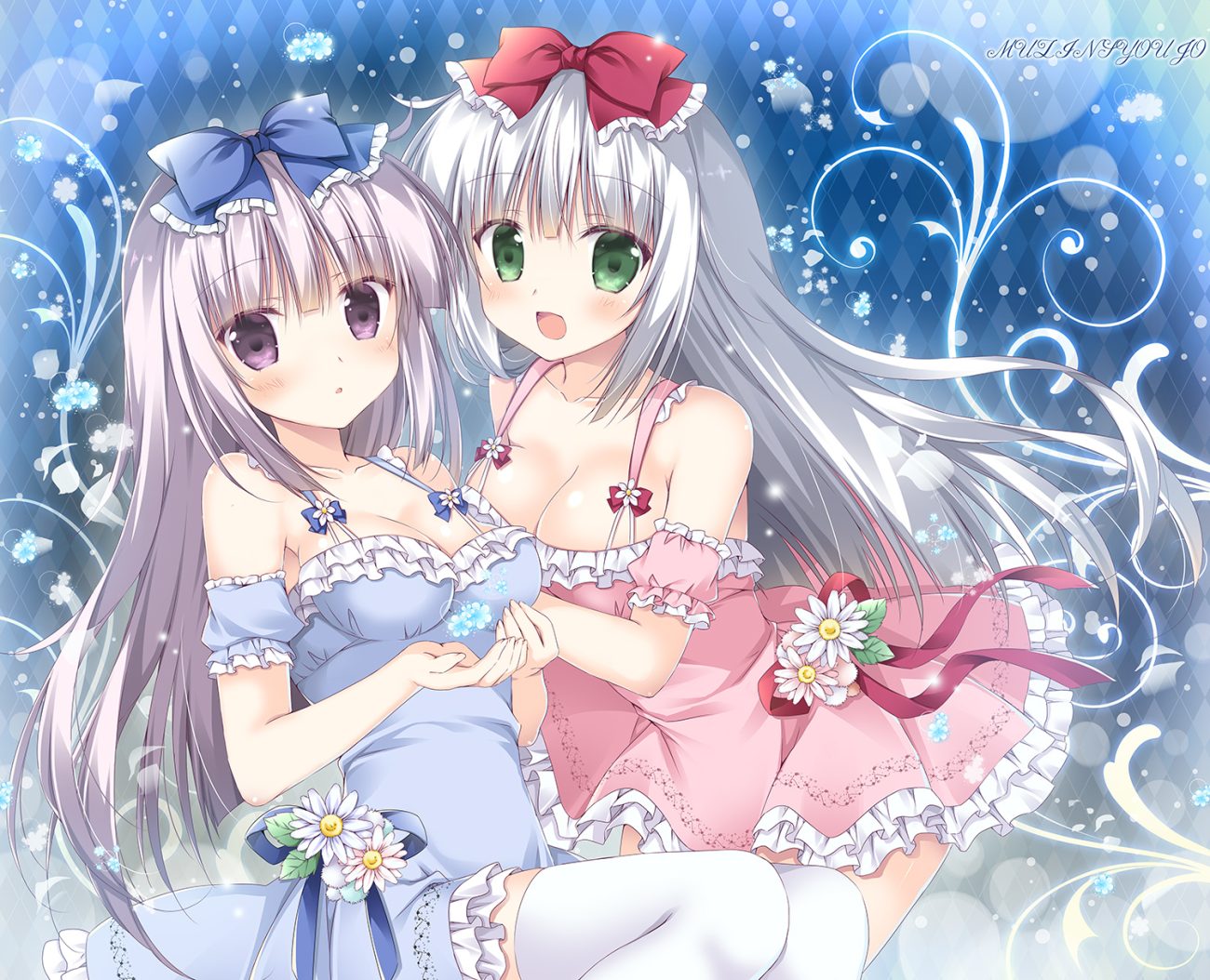 2girls bow breasts cleavage dress flowers green eyes jpeg artifacts korie riko long hair original purple eyes summer dress thighhighs white hair