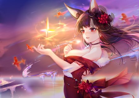 aircraft akagi (azur lane) animal ears anthropomorphism azur lane black hair breasts choker clouds dress fang foxgirl irisrey long hair red eyes sky sunset water