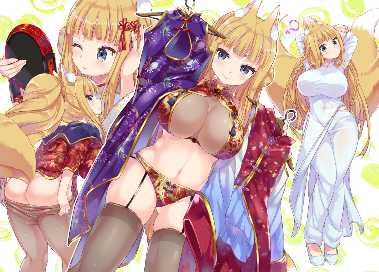 aliasing animal ears ass blonde hair blue eyes braids breasts chinese clothes chinese dress cleavage dress foxgirl garter belt jpeg artifacts long hair mirror miyano ururu multiple tails navel nopan original pantyhose ponytail stockings tail thighhighs undressing wink