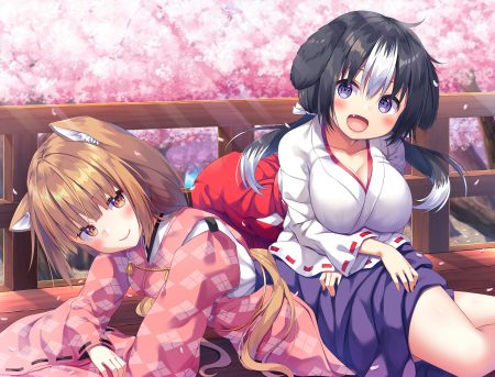 2girls animal ears asa no ha black hair blue eyes blush breast hold breasts brown eyes brown hair cherry blossoms cleavage doggirl fang flowers japanese clothes long hair miko original