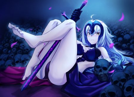 barefoot blush breasts dress elbow gloves fate/grand order fate (series) fifty1202 gloves headdress jeanne d'arc alter jeanne d'arc (fate) long hair panties skull sword underwear weapon white hair yellow eyes