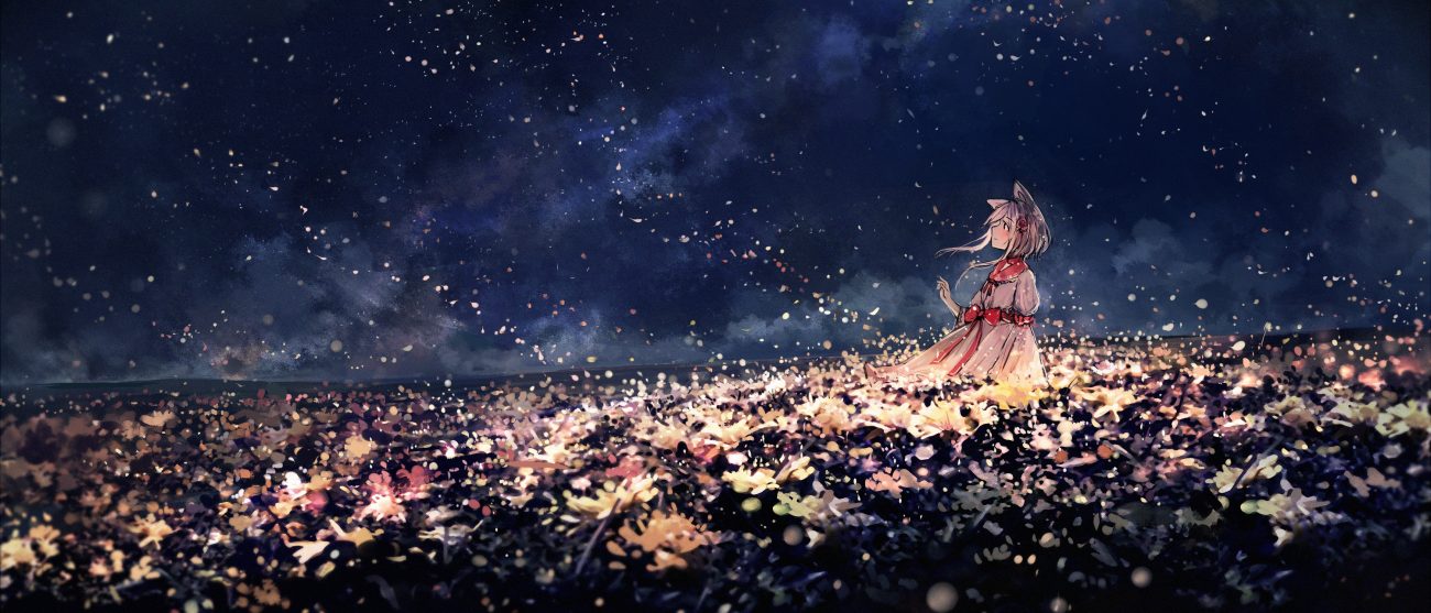 aliasing animal ears axleaki clouds dress lolita fashion night original petals short hair sky