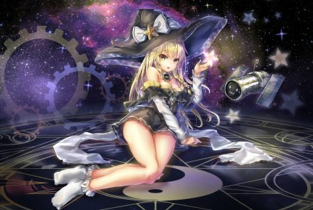 blonde hair braids breasts cleavage fii fii (feefeeowo) hat kirisame marisa long hair magic skirt socks space stars touhou witch witch hat