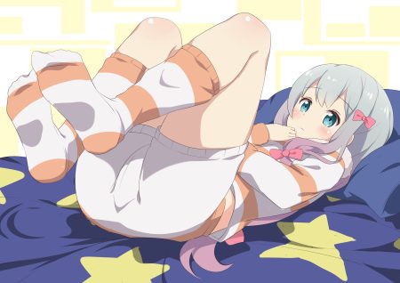 aqua eyes blush cameltoe eromanga-sensei gray hair ikazu401 izumi sagiri loli long hair pajamas shorts