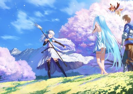 aqua hair armor brown eyes brown hair dress garter granblue fantasy gran (granblue fantasy) group headdress lily (granblue fantasy) long hair lyria (granblue fantasy) male scenic short hair spear thighhighs vee (granblue fantasy) wasabi60 weapon white hair