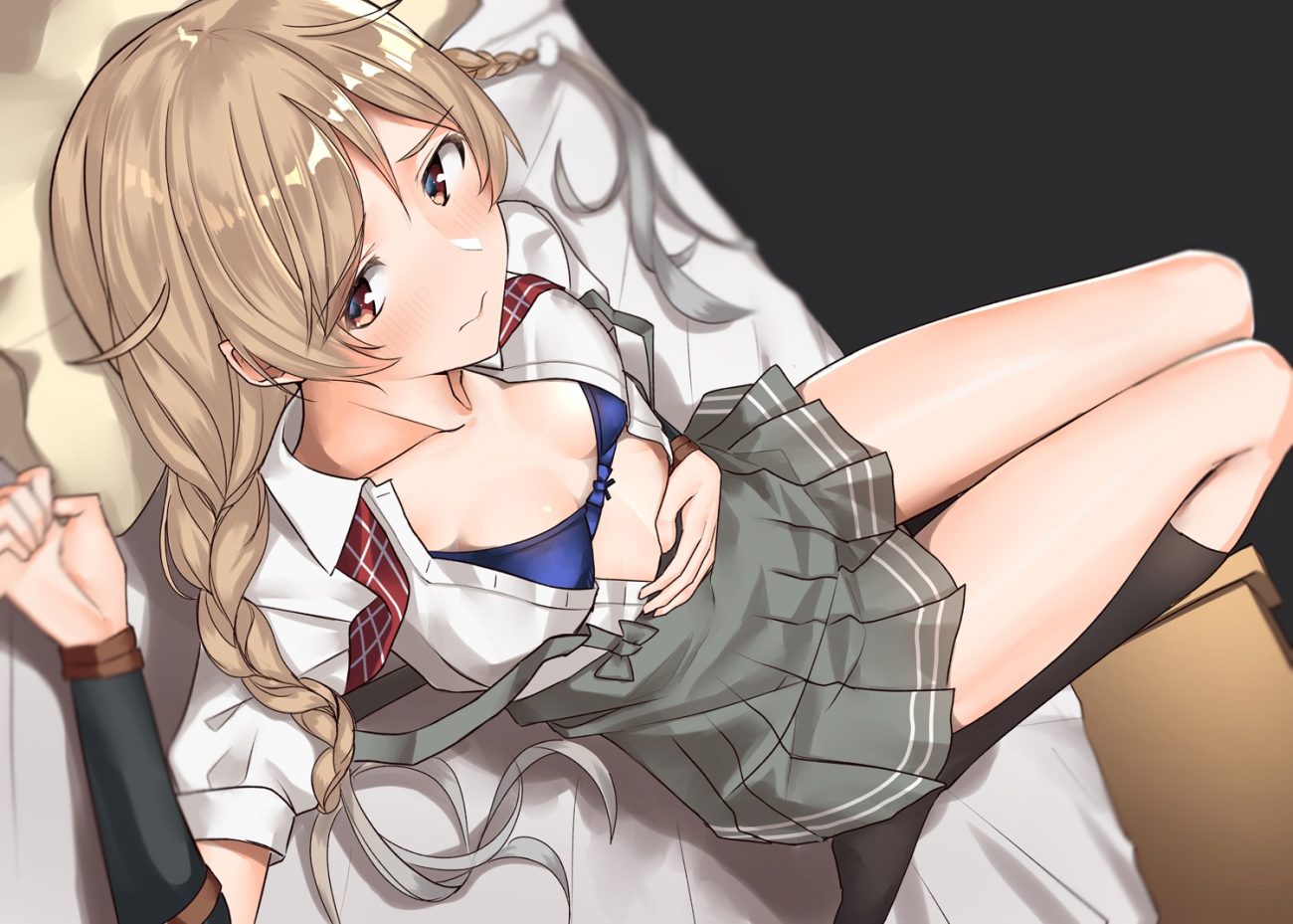 anthropomorphism bed blush bow bra brown eyes brown hair kantai collection kneehighs long hair minegumo (kancolle) open shirt pallad school uniform skirt twintails underwear