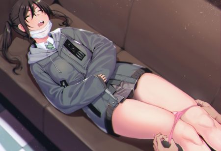 amano don black hair blush couch hood idolmaster idolmaster cinderella girls mask panties panty pull school uniform skirt sleeping sunazuka akira tie twintails underwear
