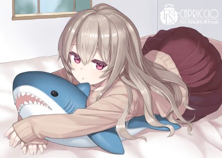 bed brown hair capriccio long hair original pink eyes school uniform skirt watermark