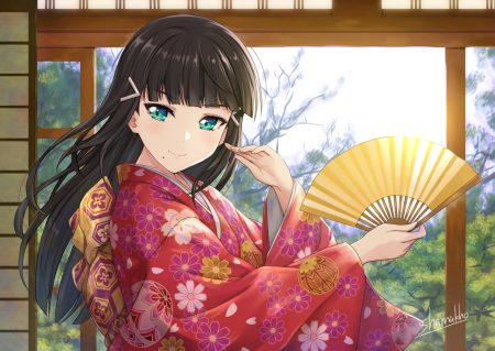 black hair close fan green eyes japanese clothes kimono kurosawa dia love live! school idol project love live! sunshine!! shamakho signed