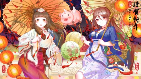 2girls animal brown hair chinese clothes long hair orange eyes original red eyes shui qian he kafei umbrella