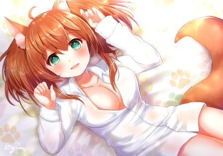 animal ears blush breasts cleavage doggirl green eyes long hair naked shirt orange hair original rinchu shirt signed tail twintails