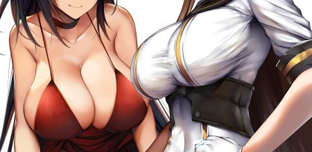 2girls anthropomorphism azur lane belko breasts brown hair choker cleavage close corset crossover dress gloves long hair phantom of the kill solomon (phantom of the kill) taihou (azur lane) waifu2x