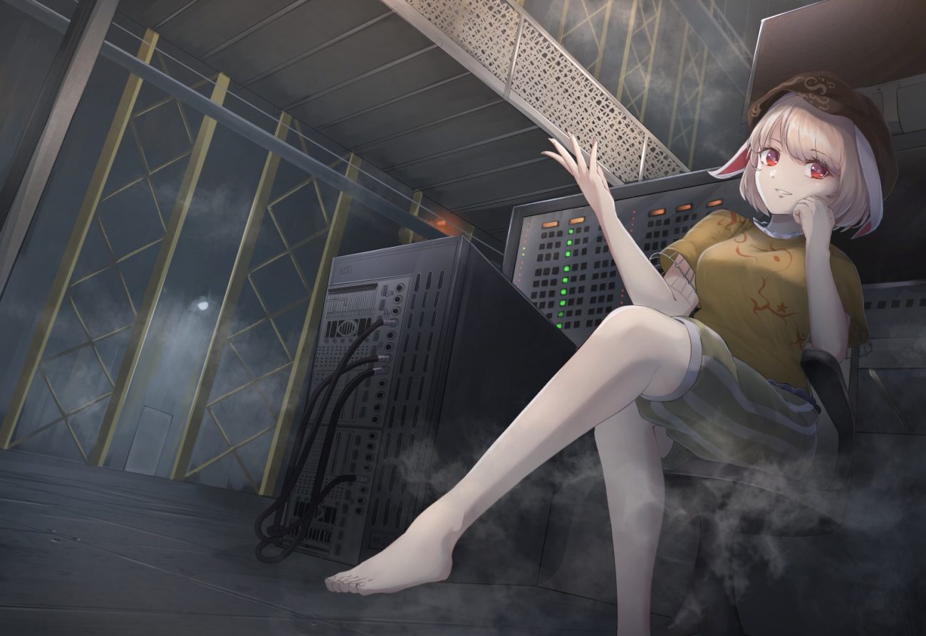 animal ears barefoot blonde hair bunny ears bunnygirl cacao devil computer hat red eyes ringo (touhou) short hair shorts touhou