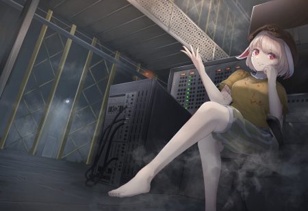 animal ears barefoot blonde hair bunny ears bunnygirl cacao devil computer hat red eyes ringo (touhou) short hair shorts touhou