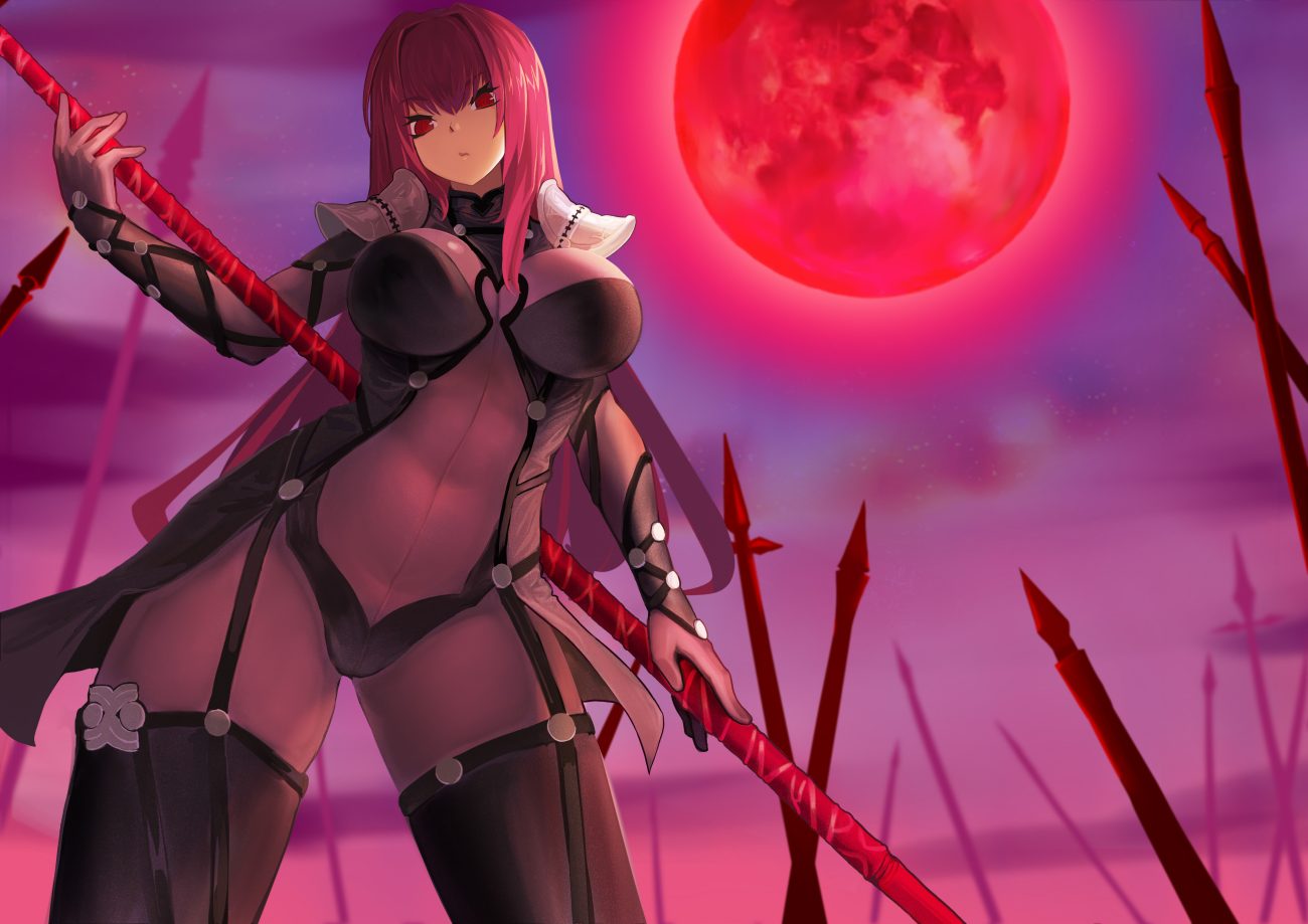 armor bodysuit fate/grand order fate (series) jack (darkshero) long hair moon purple hair red eyes scathach (fate/grand order) skintight spear weapon