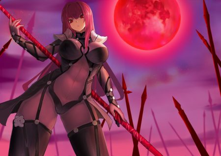 armor bodysuit fate/grand order fate (series) jack (darkshero) long hair moon purple hair red eyes scathach (fate/grand order) skintight spear weapon