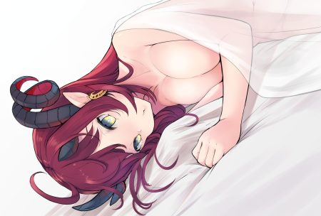 bed breasts horns long hair magrona magrona channel nude pointed ears red hair see through twilightrain waifu2x yellow eyes