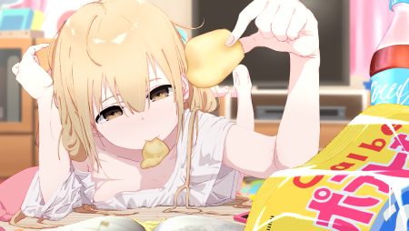 barefoot blonde hair bouen brown eyes drink food futaba anzu idolmaster idolmaster cinderella girls long hair