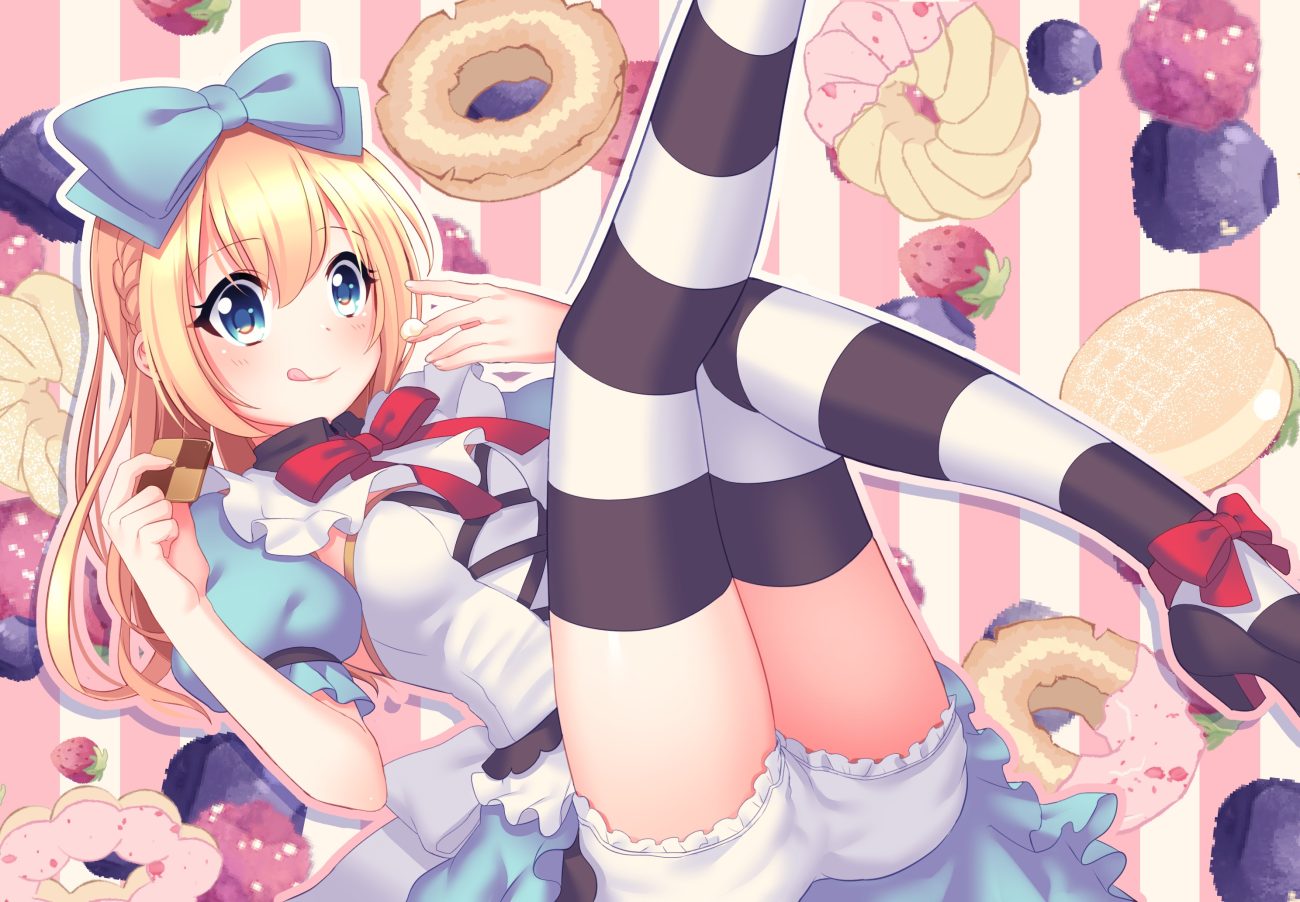 alice in wonderland alice (wonderland) aqua eyes blonde hair bloomers bow braids food fruit hoshina meito lolita fashion long hair thighhighs