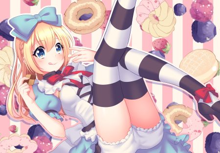 alice in wonderland alice (wonderland) aqua eyes blonde hair bloomers bow braids food fruit hoshina meito lolita fashion long hair thighhighs