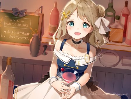 aqua eyes blush brown hair cherry choker dress drink food fruit kinako (shiratama mochi) long hair original wristwear