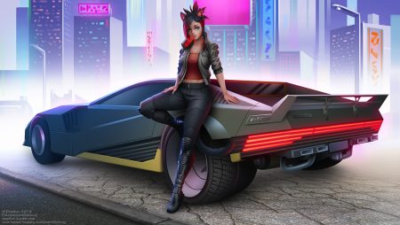animal ears black hair braids building car catgirl city crossover cyberpunk 2077 final fantasy final fantasy xiv green eyes maxim domikov miqo'te navel short hair tail watermark