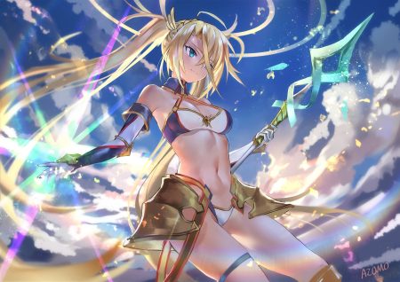 armor avamone bikini blonde hair bradamante breasts cleavage clouds elbow gloves fate/grand order fate (series) garter gloves green eyes long hair signed sky spear swimsuit twintails weapon