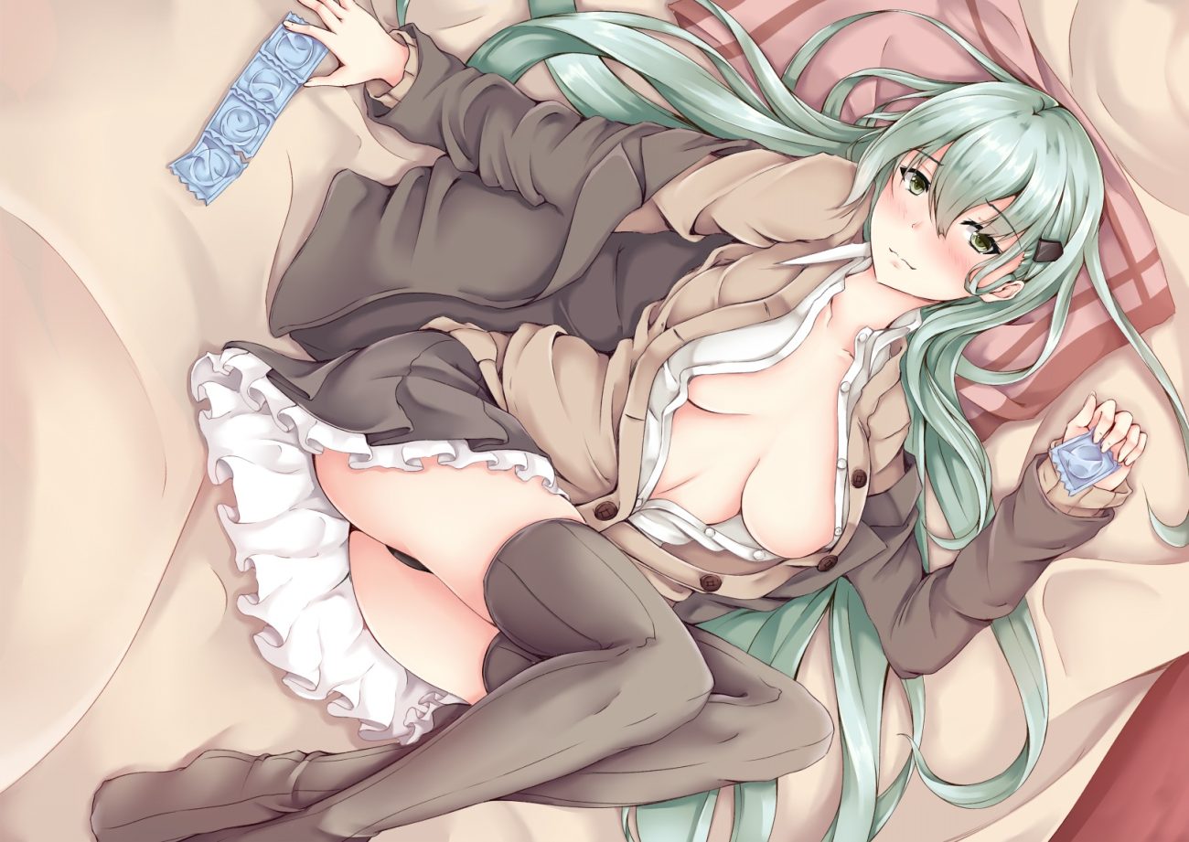 anthropomorphism blush breasts condom green eyes green hair kantai collection long hair no bra open shirt panties ryokucha (@bsolute territory) school uniform suzuya (kancolle) thighhighs underwear