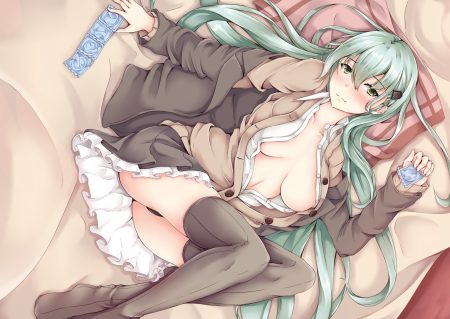 anthropomorphism blush breasts condom green eyes green hair kantai collection long hair no bra open shirt panties ryokucha (@bsolute territory) school uniform suzuya (kancolle) thighhighs underwear