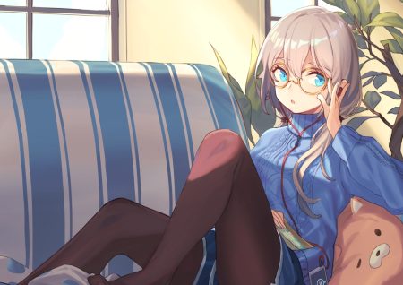 aqua eyes book couch glasses gray hair headphones long hair original pantyhose peroncho phone ponytail shorts