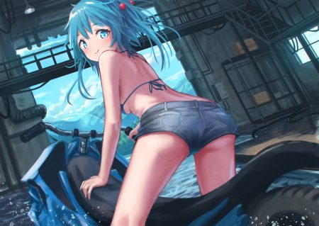 aqua eyes aqua hair bikini top blush breasts industrial kawashiro nitori motorcycle roke (taikodon) short hair shorts touhou underboob water