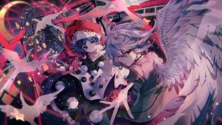 2girls animal bird blue eyes blue hair choker doremy sweet kishin sagume red eyes touhou wings yasato