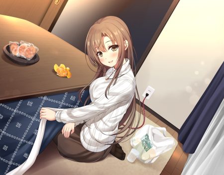 blush brown eyes brown hair food fruit kotatsu long hair necklace orange (fruit) original pantyhose skirt utsurogi akira