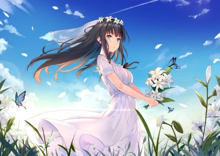 black hair blush butterfly clouds dance of eternity dress flowers flowers (game) grass green eyes headdress long hair petals shirahane suou sky summer dress