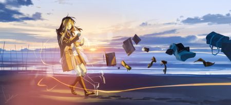 beach brown hair clouds hood hug kneehighs long hair loundraw original paper reflection scenic school uniform signed skirt sky sunset water