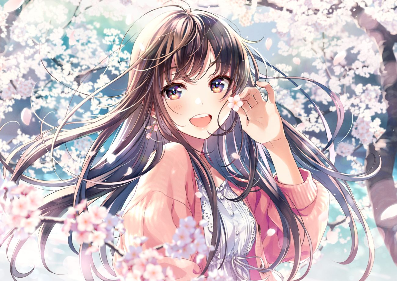 blush brown hair cherry blossoms close flowers long hair morikura en original petals purple eyes