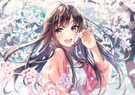 blush brown hair cherry blossoms close flowers long hair morikura en original petals purple eyes