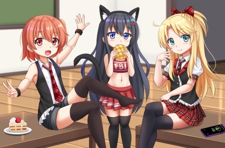 animal ears black hair blonde hair blue eyes blush cake catgirl cheerleader cosplay dress fang food fruit green eyes himesaka noa hoshino hinata kazenokaze loli ponytail red eyes red hair school uniform shirosaki hana shorts strawberry tail thighhighs watashi ni tenshi ga maiorita! wristwear