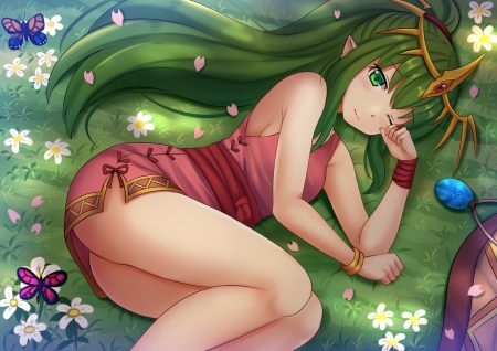 ass blush butterfly chiki (fire emblem) dress fire emblem flowers grass green green eyes green hair headdress kazenokaze long hair pointed ears ponytail wink wristwear