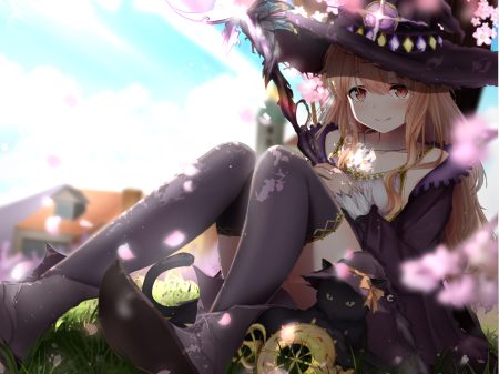 animal blush brown hair cat cherry blossoms dorothy (shingeki no bahamut) dress flowers grass hat karu (qqqtyann) long hair necklace petals red eyes ribbons shadowverse shingeki no bahamut sky staff thighhighs tree witch witch hat