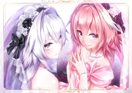 all male astolfo braids fang fate/grand order fate (series) flowers headdress long hair male necklace otoko no ko pink eyes pink hair rose takatun223 white hair wristwear yellow eyes