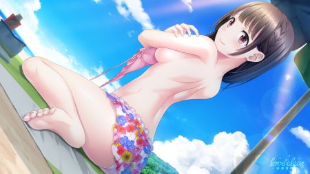 amano himari bikini blush braids breast hold brown hair clouds giga love clear purple eyes sky swimsuit tagme (artist) umbrella