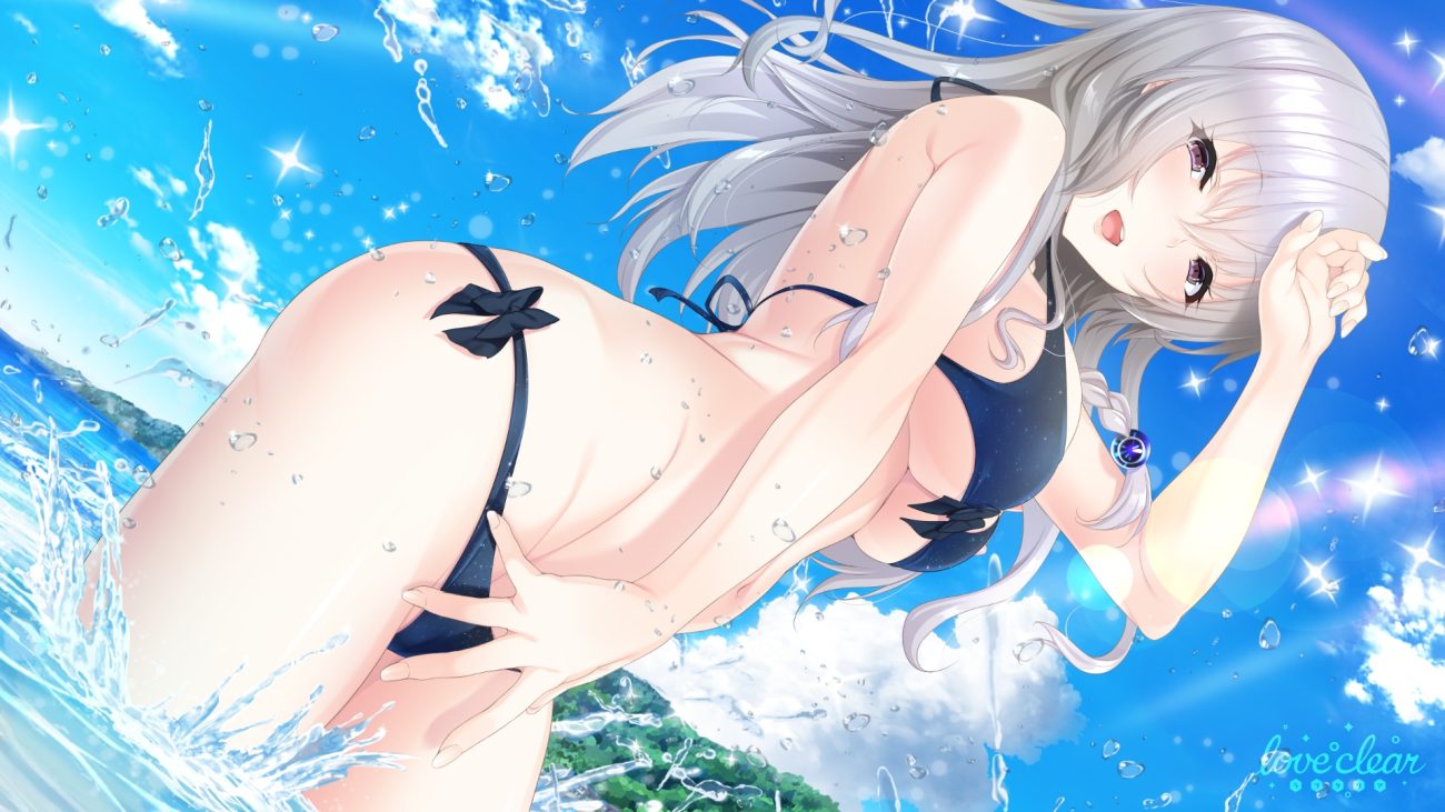 bikini clouds giga gray hair long hair love clear misumi ritsu navel nironiro purple eyes sky swimsuit water
