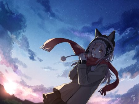 blonde hair brown eyes clouds fang hat jpeg artifacts nekozuki yuki original scarf signed sky sunset